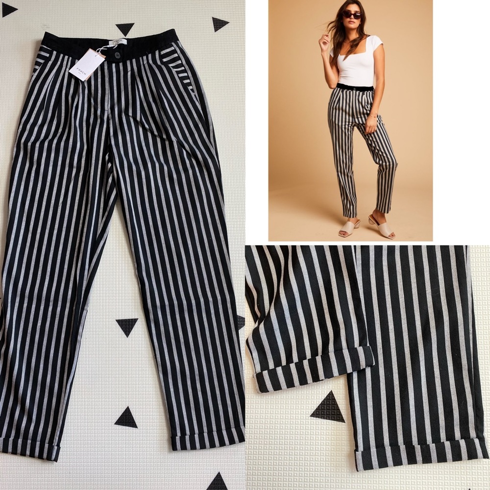 FRNCH Black and White Vertical Stripe Tapered Pants